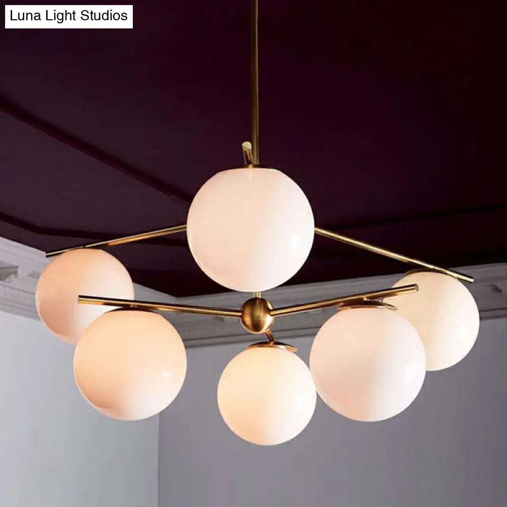 Modern White Glass Globe Chandelier - 6 Gold Heads Ceiling Light Fixture For Living Room