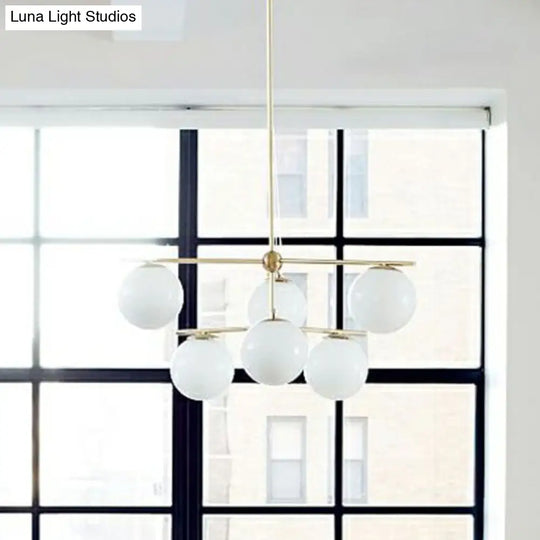 Minimalist 6-Light Gold Ceiling Chandelier With White Glass Globes For Living Room