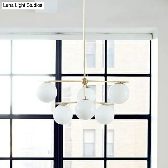 Modern White Glass Globe Chandelier - 6 Gold Heads Ceiling Light Fixture For Living Room