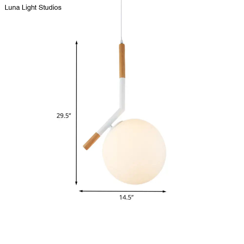 Modern White Glass Globe Pendant Light With Wood Hanging Kit Angled Rod (11.5/14.5 Wide)