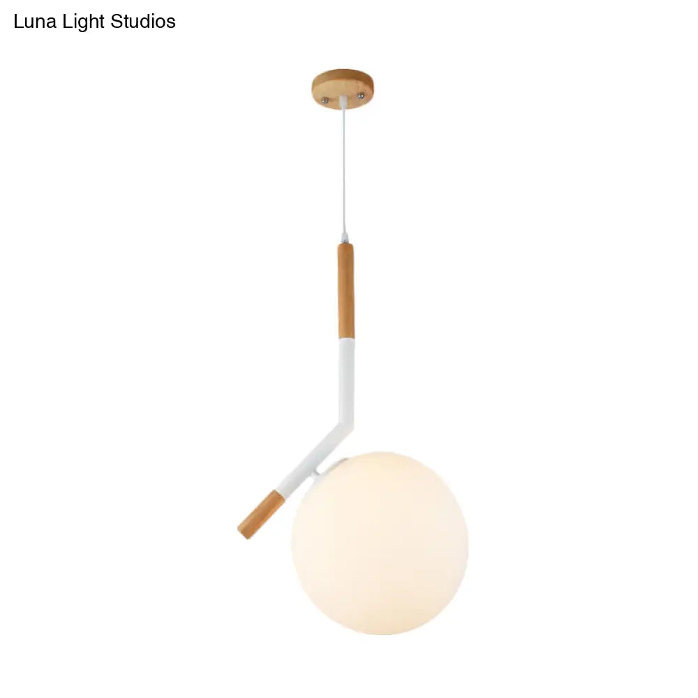 Modern White Glass Globe Pendant Light With Wood Hanging Lamp Kit 1-Head Angled Rod -