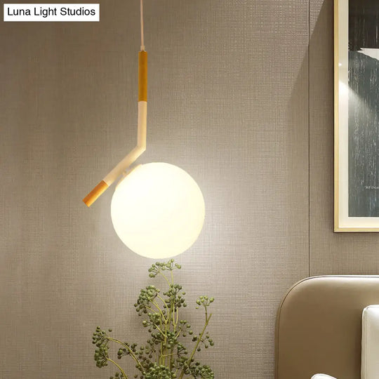 Modern White Glass Globe Pendant Light With Wood Hanging Kit Angled Rod (11.5/14.5 Wide) / 11.5