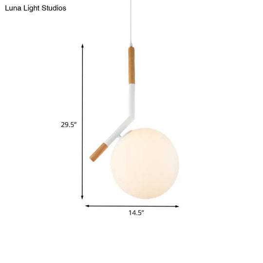 Modern White Glass Globe Pendant Light With Wood Hanging Lamp Kit 1-Head Angled Rod -