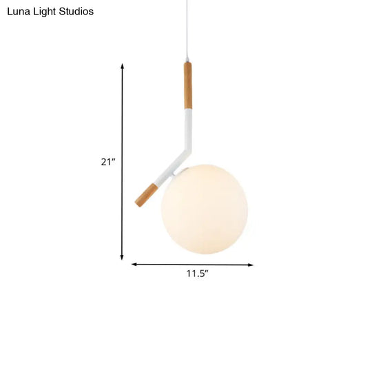 Modern White Glass Globe Pendant Light With Wood Hanging Kit Angled Rod (11.5/14.5 Wide)