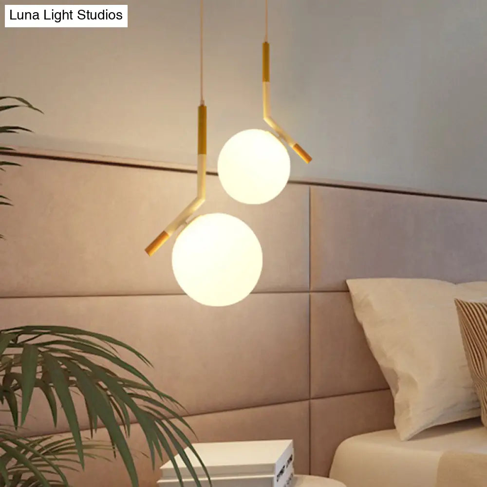 Modern White Glass Globe Pendant Light With Wood Hanging Kit Angled Rod (11.5/14.5 Wide)