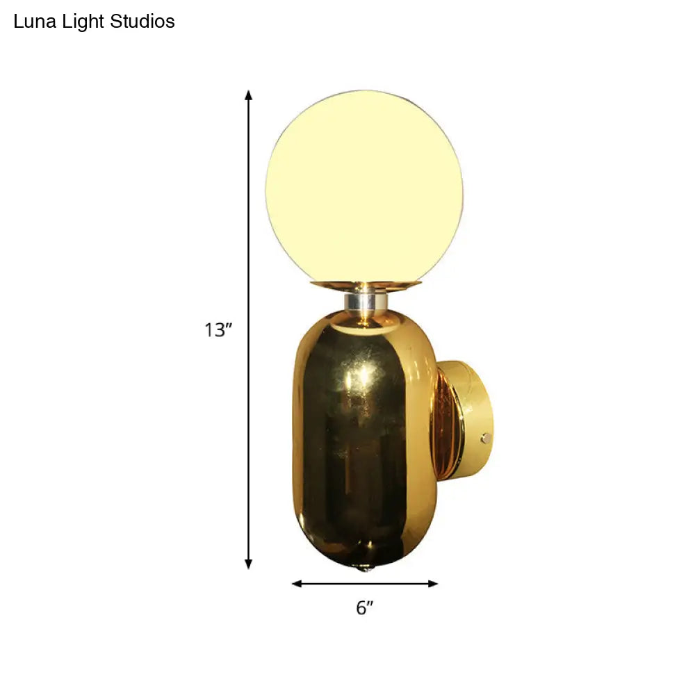 Modern White Glass Globe Sconce Light - 6/8 Wide 1 Bulb Gold Wall Mounted Lighting