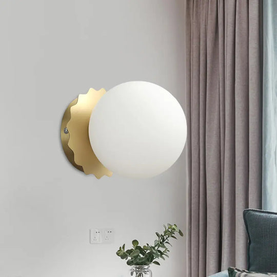 Modern White Glass Globe Wall Sconce Light - 1-Bulb Gold Lighting For Bedroom