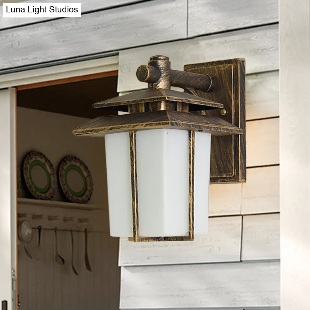 Modern White Glass Lantern Wall Sconce - Lodge Style Bronze/Black Outdoor Lighting Fixture