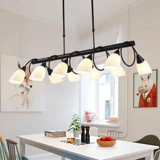 Modern White Glass Linear Kitchen Pendant Light Fixture - 6/8/10 Lights Black Hanging Lamp Kit