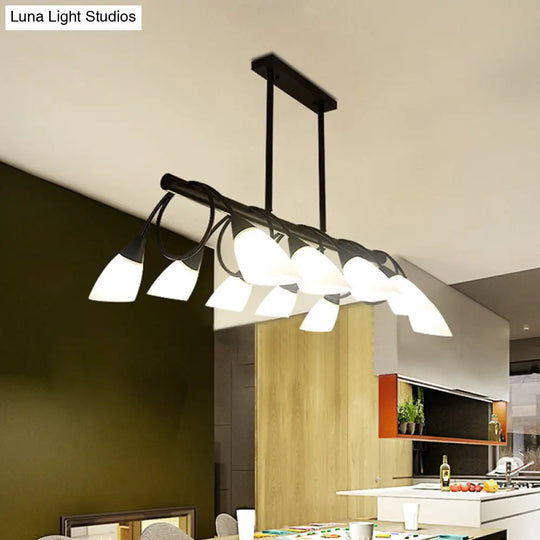 Modern White Glass Linear Kitchen Pendant Light Fixture - 6/8/10 Lights Black Hanging Lamp Kit