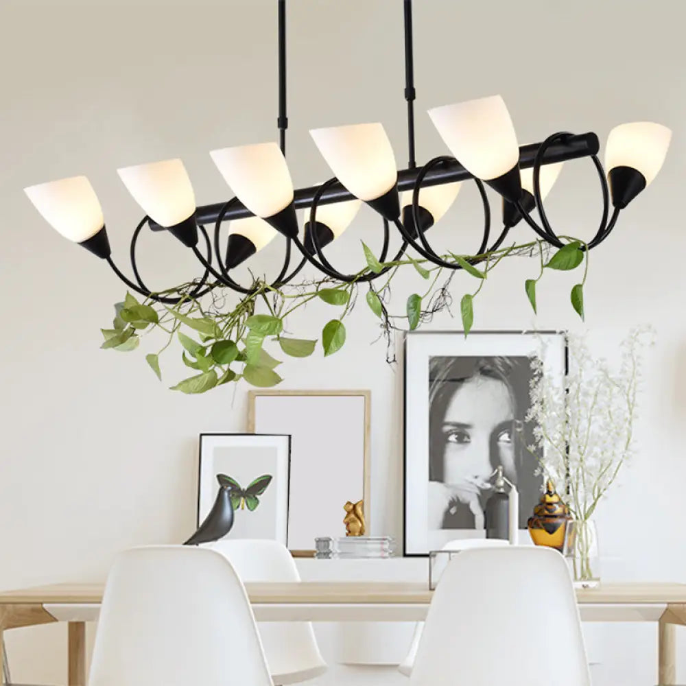 Modern White Glass Linear Kitchen Pendant Light Fixture - 6/8/10 Lights Black Hanging Lamp Kit