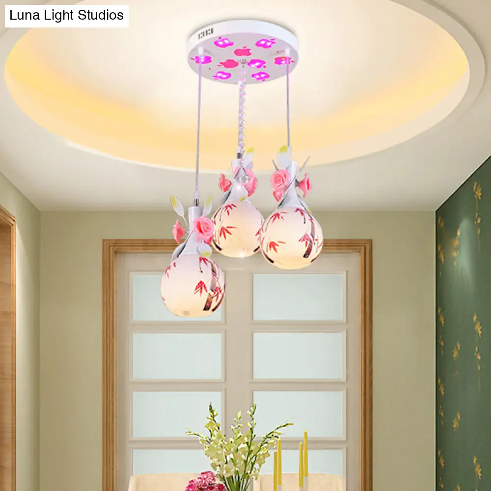 Modern White Glass Multi-Pendant Light With Floral Deco - Vase Shape 3 Bulbs Perfect For Dining Room