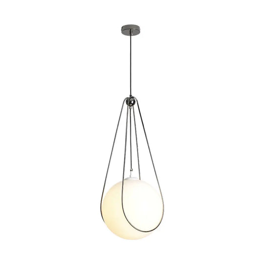 Modern White Glass Orb Pendant Light With Teardrop Iron Frame - Restaurant Hanging Lamp Kit