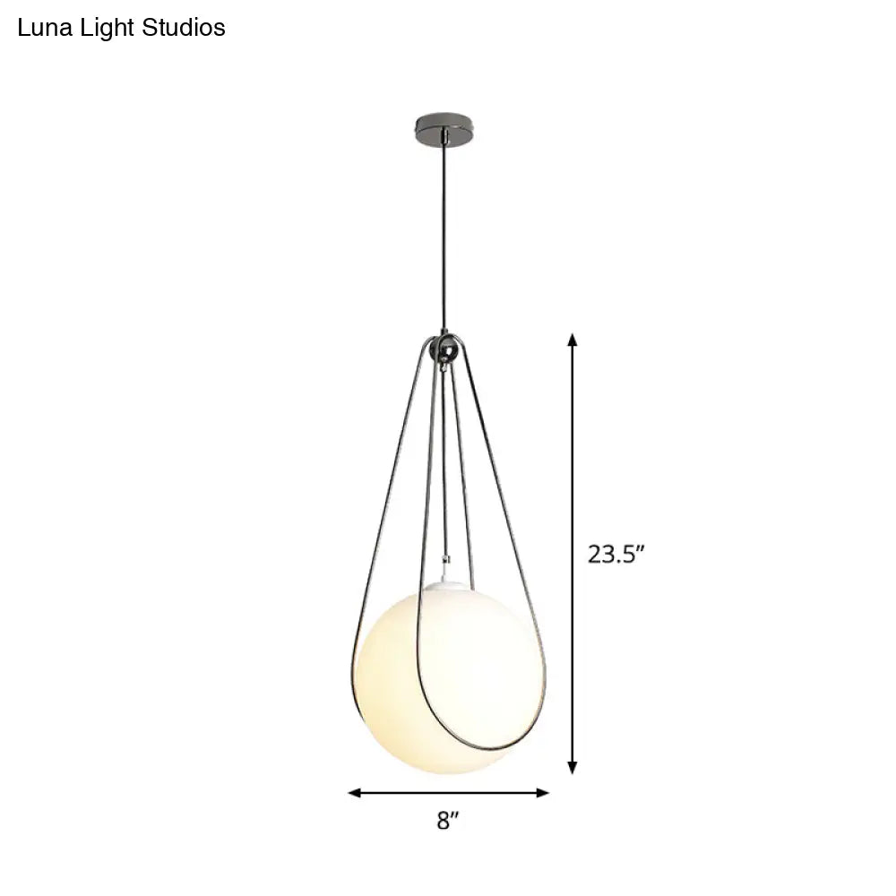 Modern White Glass Orb Pendant Light With Teardrop Iron Frame - Restaurant Hanging Lamp Kit