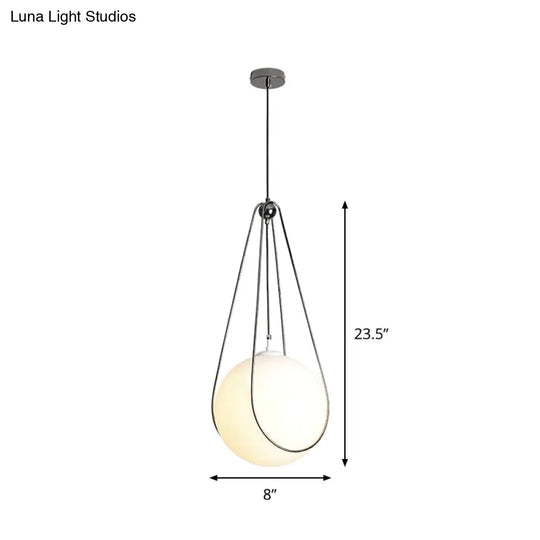 Modern White Glass Orb Pendant Light With Teardrop Iron Frame - Restaurant Hanging Lamp Kit