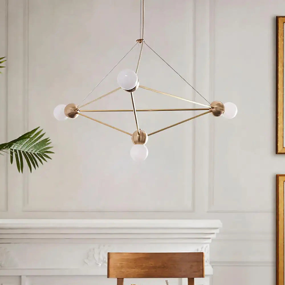 Modern White Glass Pendant Chandelier - 4-Head Suspension Lamp With Geometric Cage