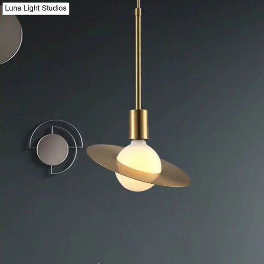 Postmodern Pendant Lamp - White Glass With Gold Disc Metal Shade