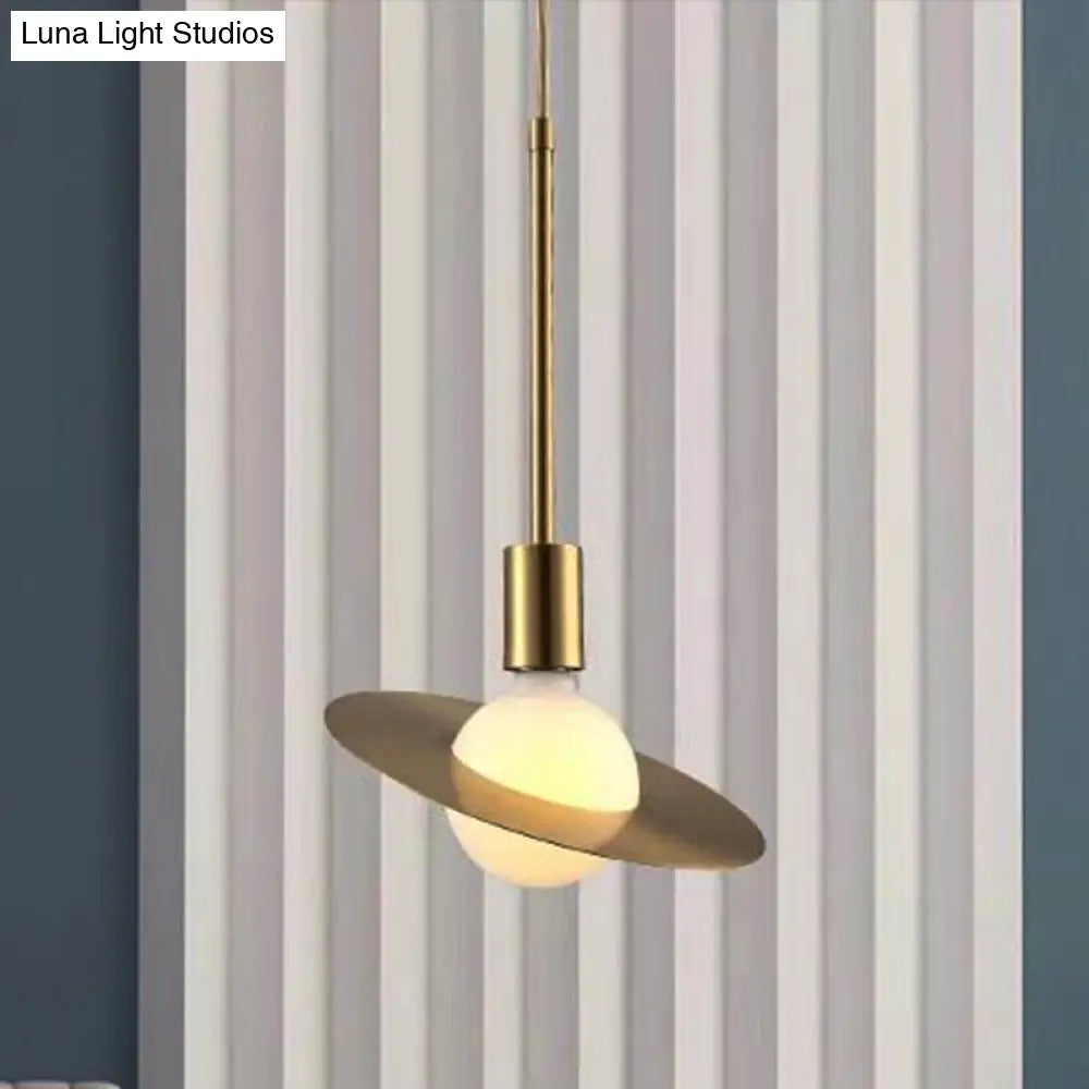 Postmodern Pendant Lamp - White Glass With Gold Disc Metal Shade