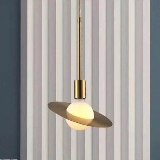 Modern White Glass Pendant Lamp With Gold Disc Shade - Hanging Light Kit