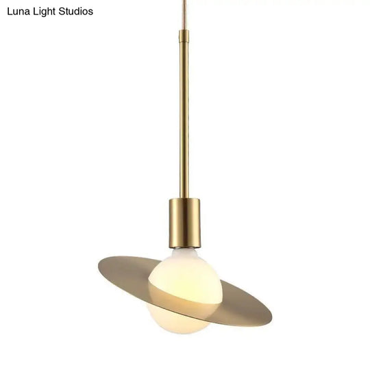 Postmodern Pendant Lamp - White Glass With Gold Disc Metal Shade