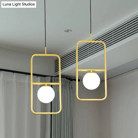 Rectangular Post Modernist Pendant Lamp With White Glass Globe And Gold Led Lights - 1/2 Light