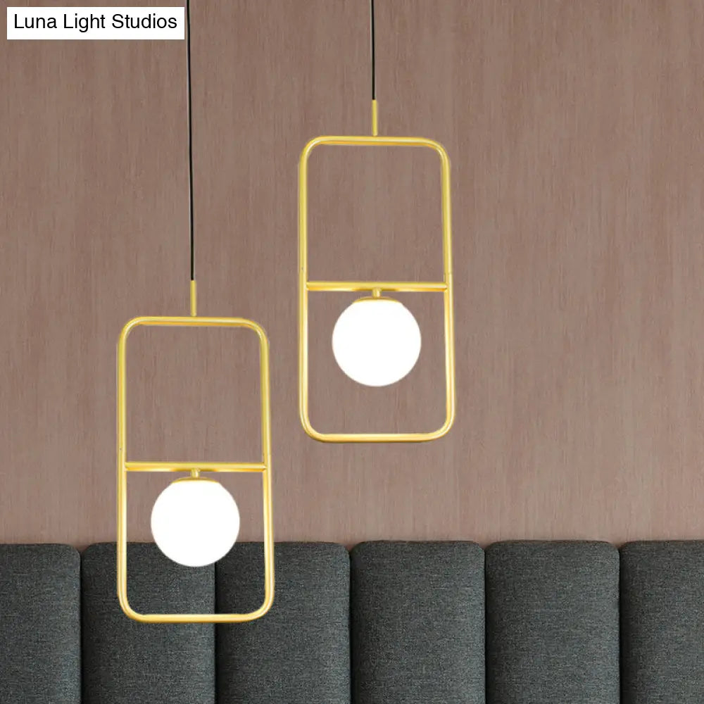 Rectangular Post Modernist Pendant Lamp With White Glass Globe And Gold Led Lights - 1/2 Light