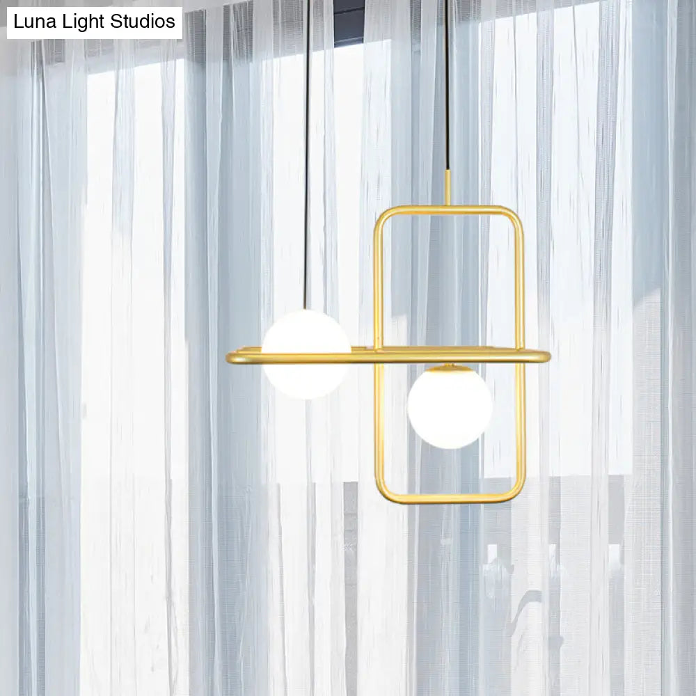 Rectangular Post Modernist Pendant Lamp With White Glass Globe And Gold Led Lights - 1/2 Light