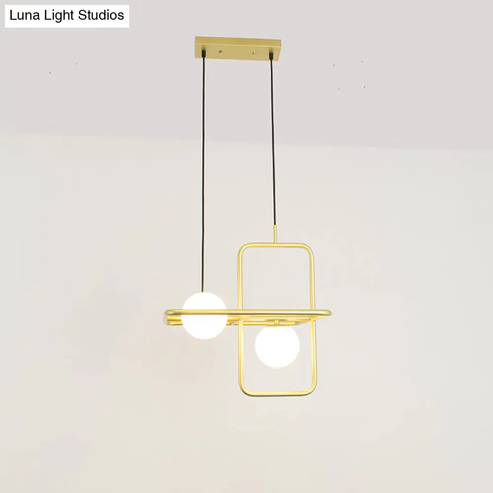 Rectangular Post Modernist Pendant Lamp With White Glass Globe And Gold Led Lights - 1/2 Light