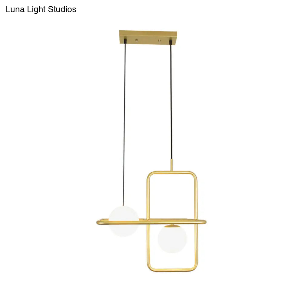 Rectangular Post Modernist Pendant Lamp With White Glass Globe And Gold Led Lights - 1/2 Light