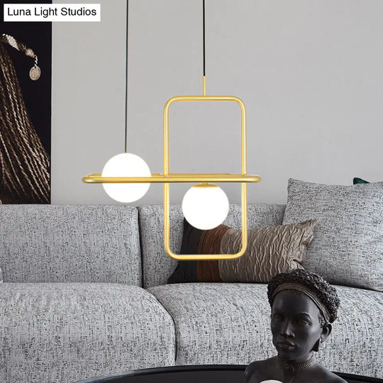 Rectangular Post Modernist Pendant Lamp With White Glass Globe And Gold Led Lights - 1/2 Light