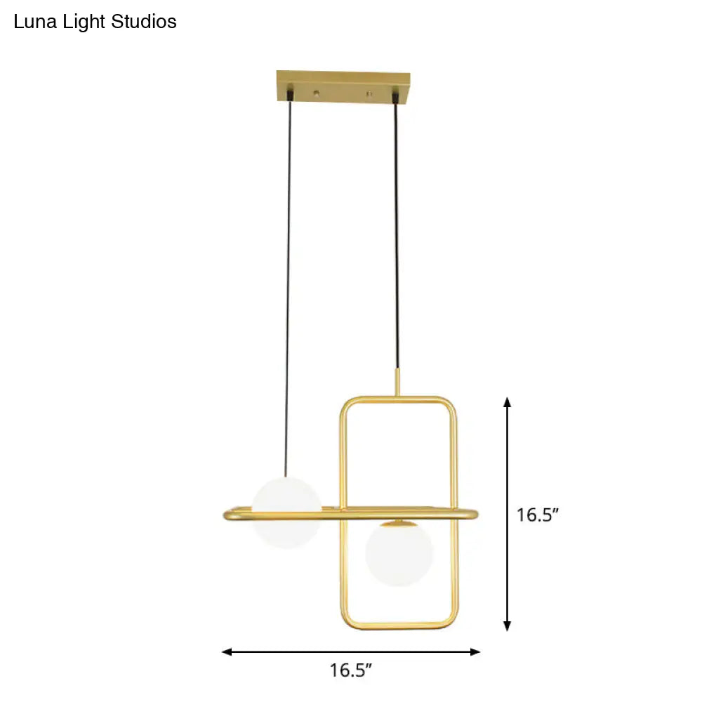 Rectangular Post Modernist Pendant Lamp With White Glass Globe And Gold Led Lights - 1/2 Light