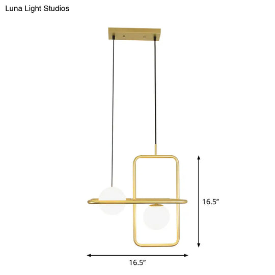 Rectangular Post Modernist Pendant Lamp With White Glass Globe And Gold Led Lights - 1/2 Light