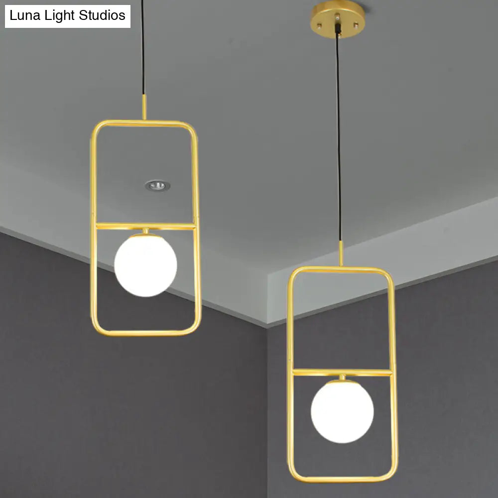 Rectangular Post Modernist Pendant Lamp With White Glass Globe And Gold Led Lights - 1/2 Light