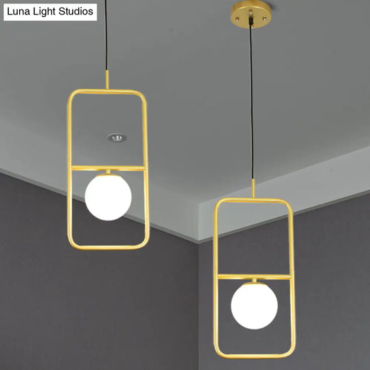 Rectangular Post Modernist Pendant Lamp With White Glass Globe And Gold Led Lights - 1/2 Light