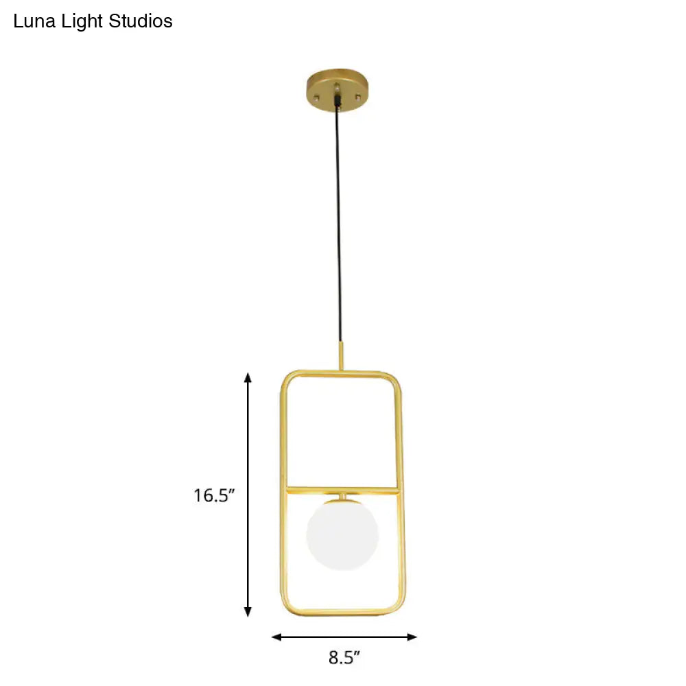 Rectangular Post Modernist Pendant Lamp With White Glass Globe And Gold Led Lights - 1/2 Light