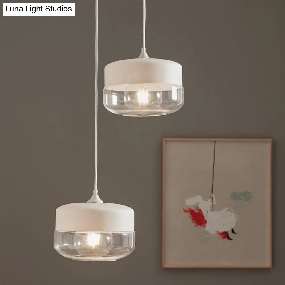 Modern White Glass Pendant Light For Bedroom Ceiling With Clear Round Shade