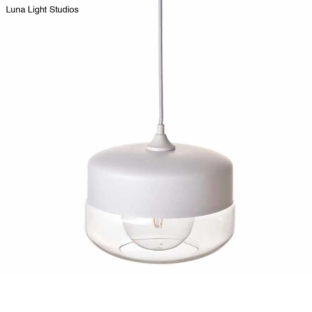 Modern White Glass Pendant Light For Bedroom Ceiling With Clear Round Shade