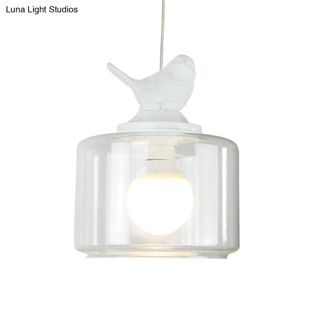 Modern White Glass Pendant Light With Bird Design - Transparent Hanging Lamp