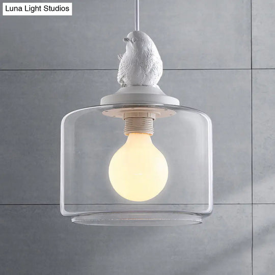 Modern White Glass Pendant Light With Bird Design - Transparent Hanging Lamp