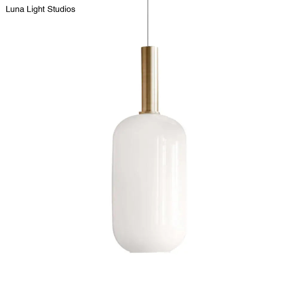 Modern White Glass Pendant Light With Brass Led: Globe/Ellipsoid/Dome Design