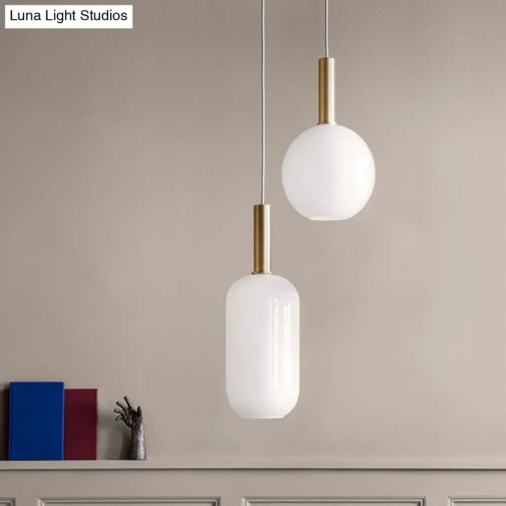 Modern White Glass Pendant Light With Brass Led: Globe/Ellipsoid/Dome Design