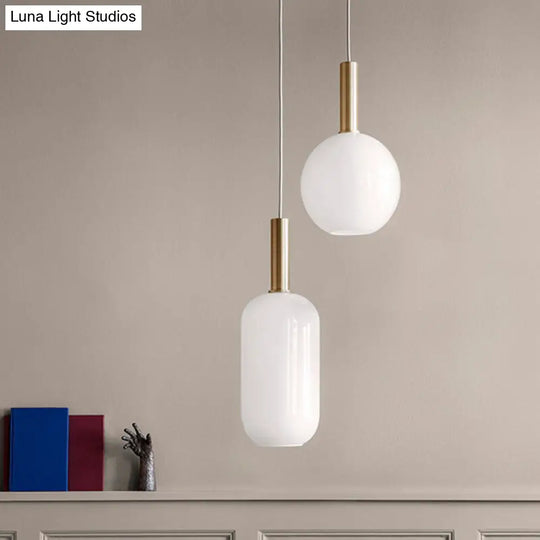 Modern White Glass Pendant Light With Brass Led: Globe/Ellipsoid/Dome Design