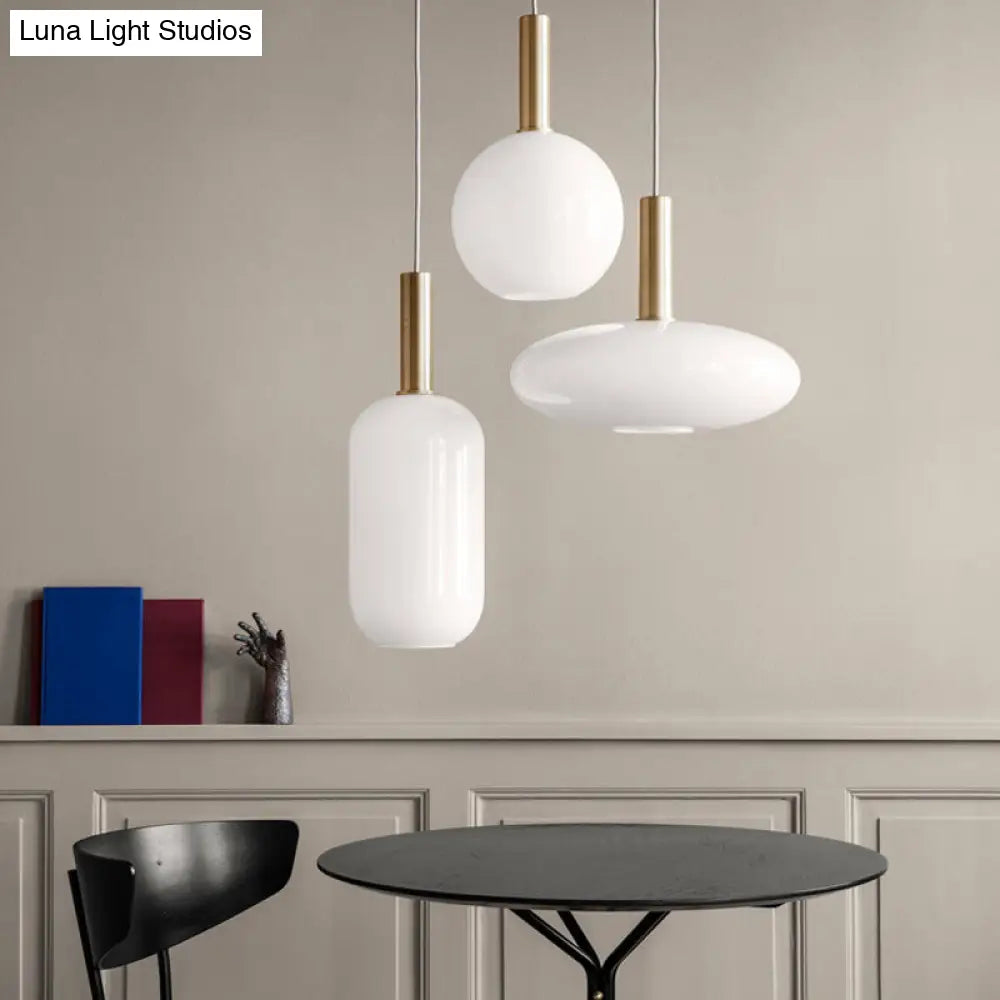 Modern White Glass Pendant Light With Brass Led: Globe/Ellipsoid/Dome Design