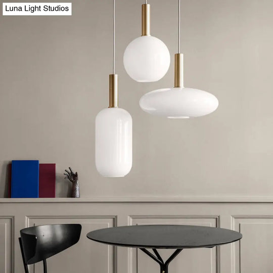 Modern White Glass Pendant Light With Brass Led: Globe/Ellipsoid/Dome Design