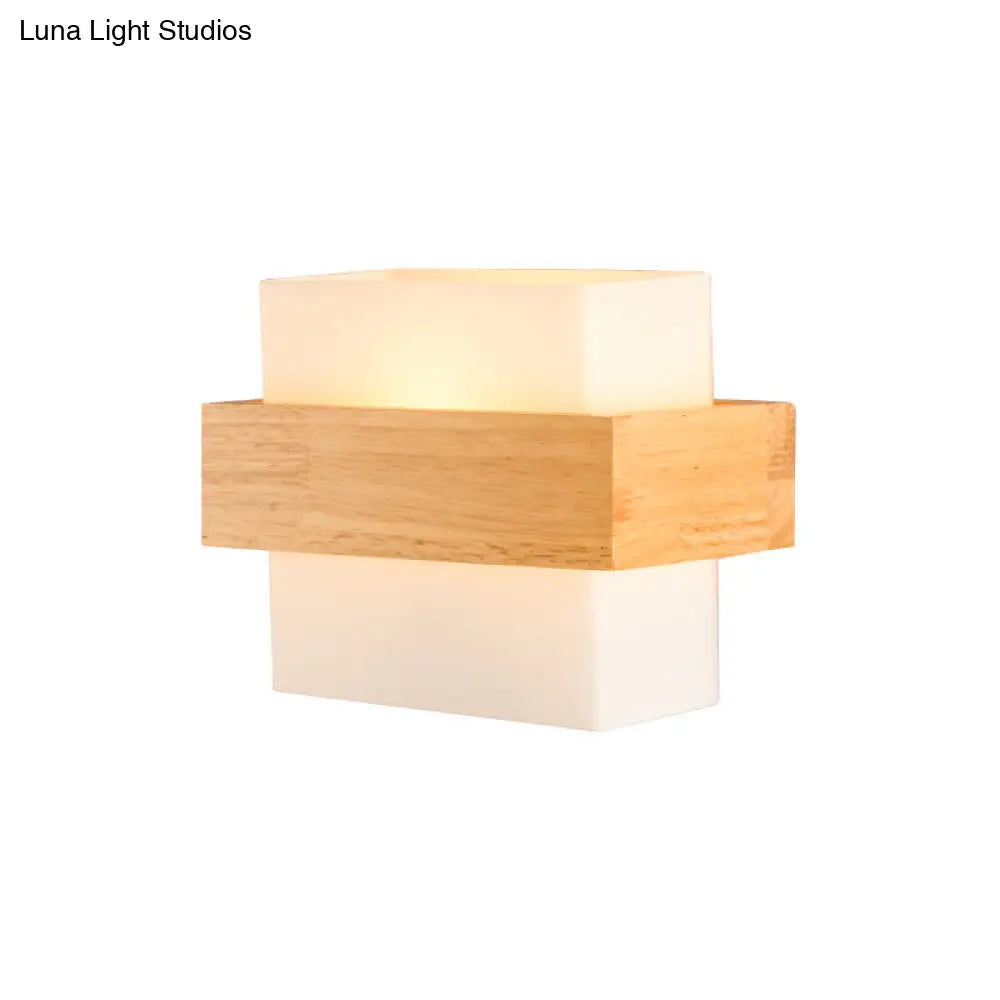 Modern White Glass Rectangle Sconce With Wooden Accents - Single-Bulb Wall Light Fixture