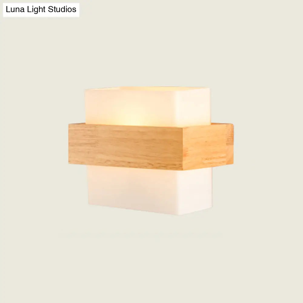 Modern White Glass Rectangle Sconce With Wooden Accents - Single-Bulb Wall Light Fixture