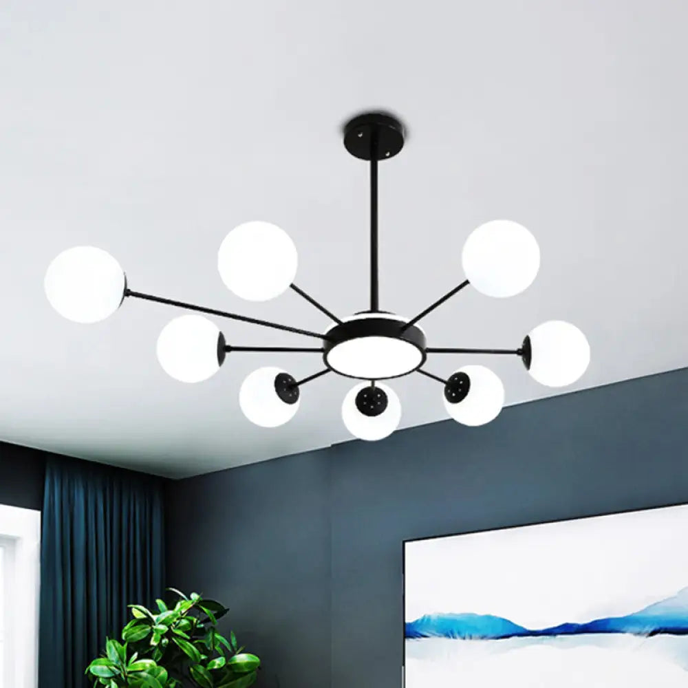 Modern White Glass Round Chandelier With 8 Black Pendant Lights