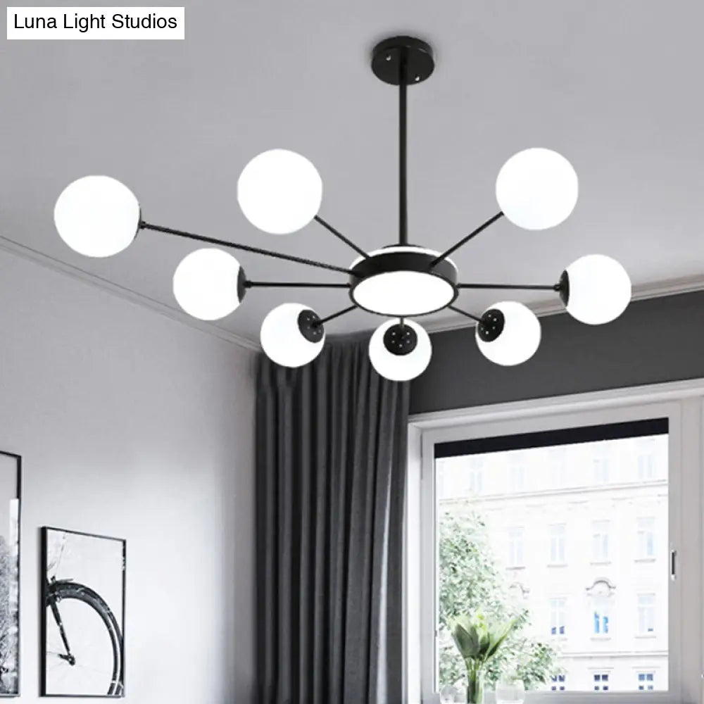 Modern White Glass Round Chandelier With 8 Black Pendant Lights