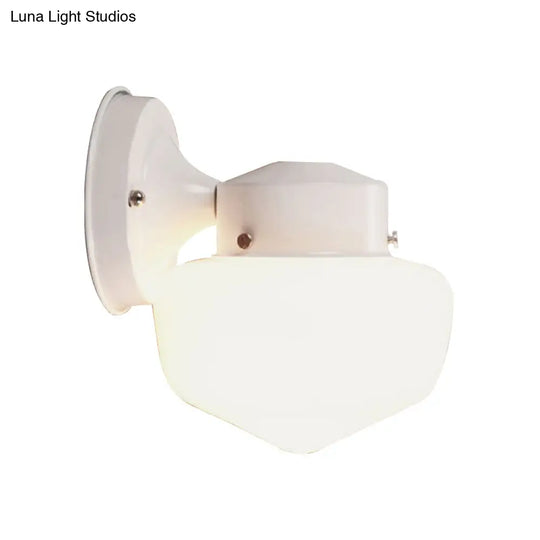 Modern White Glass Schoolhouse Sconce Wall Lamp With Black/White Mirror - 1 Light