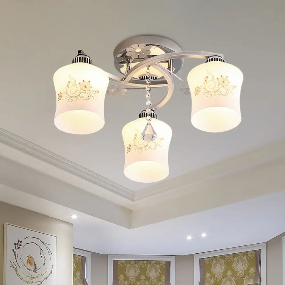 Modern White Glass Semi Flush Ceiling Lamp With Chrome Finish - Patterned 3-Head Spiral Design